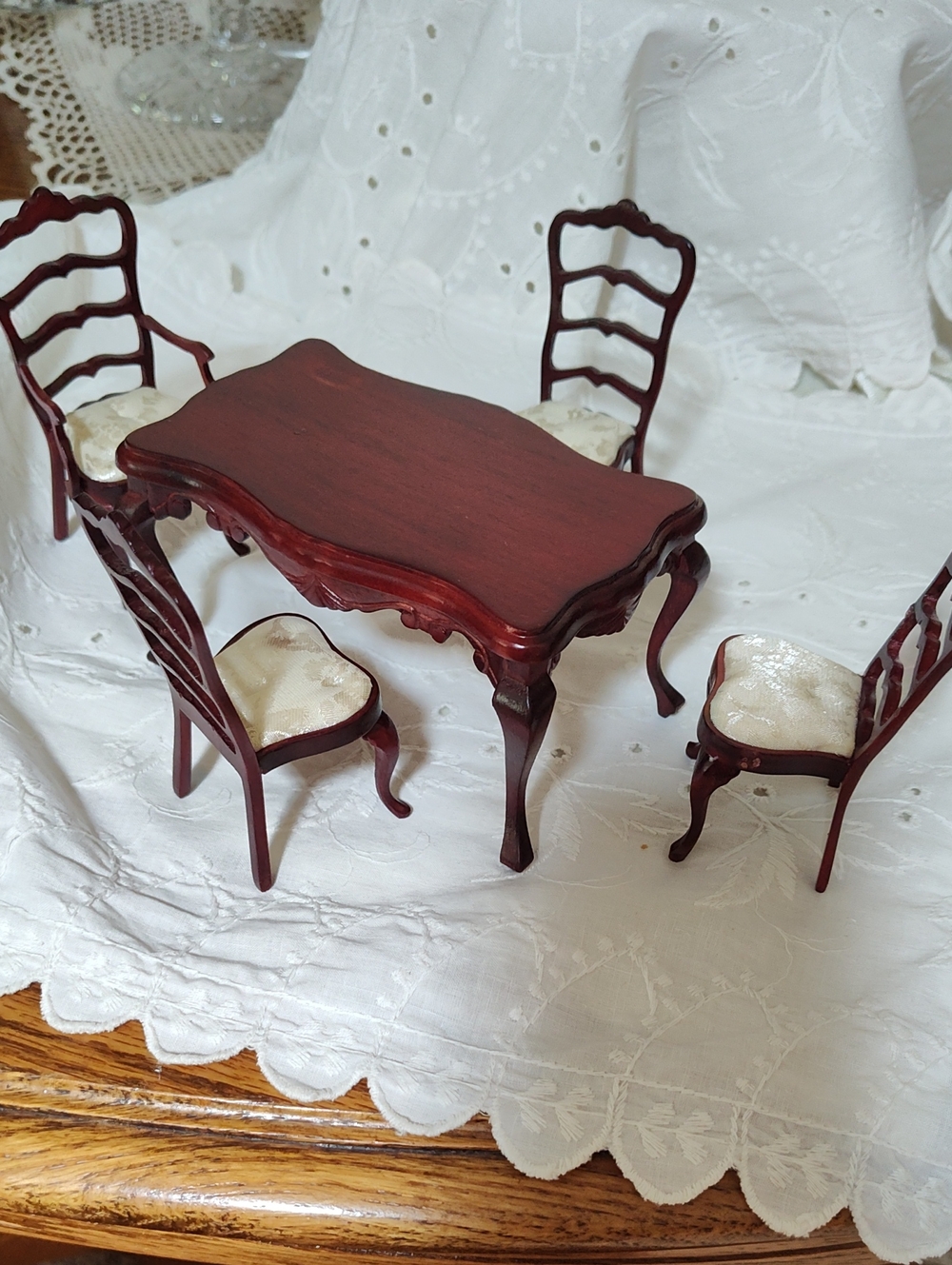 Miniature Dollhouse Dining Set - Dark Brown Table & Cream Seats